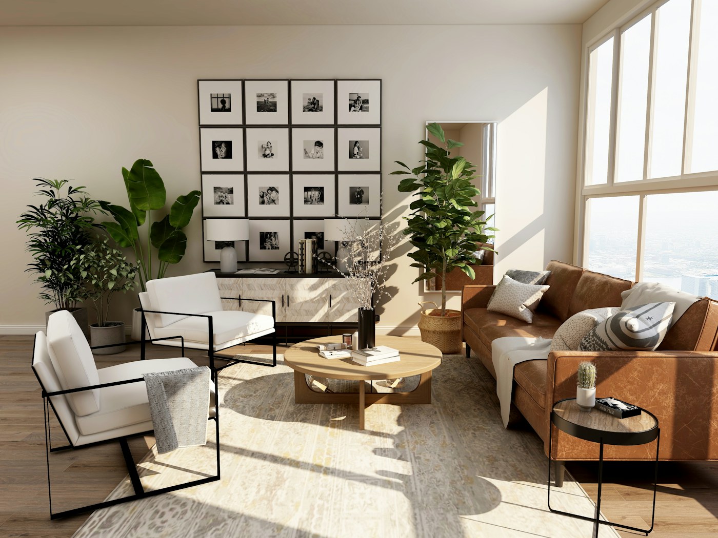 Sunlit living room with framed art, plants and neutral seating